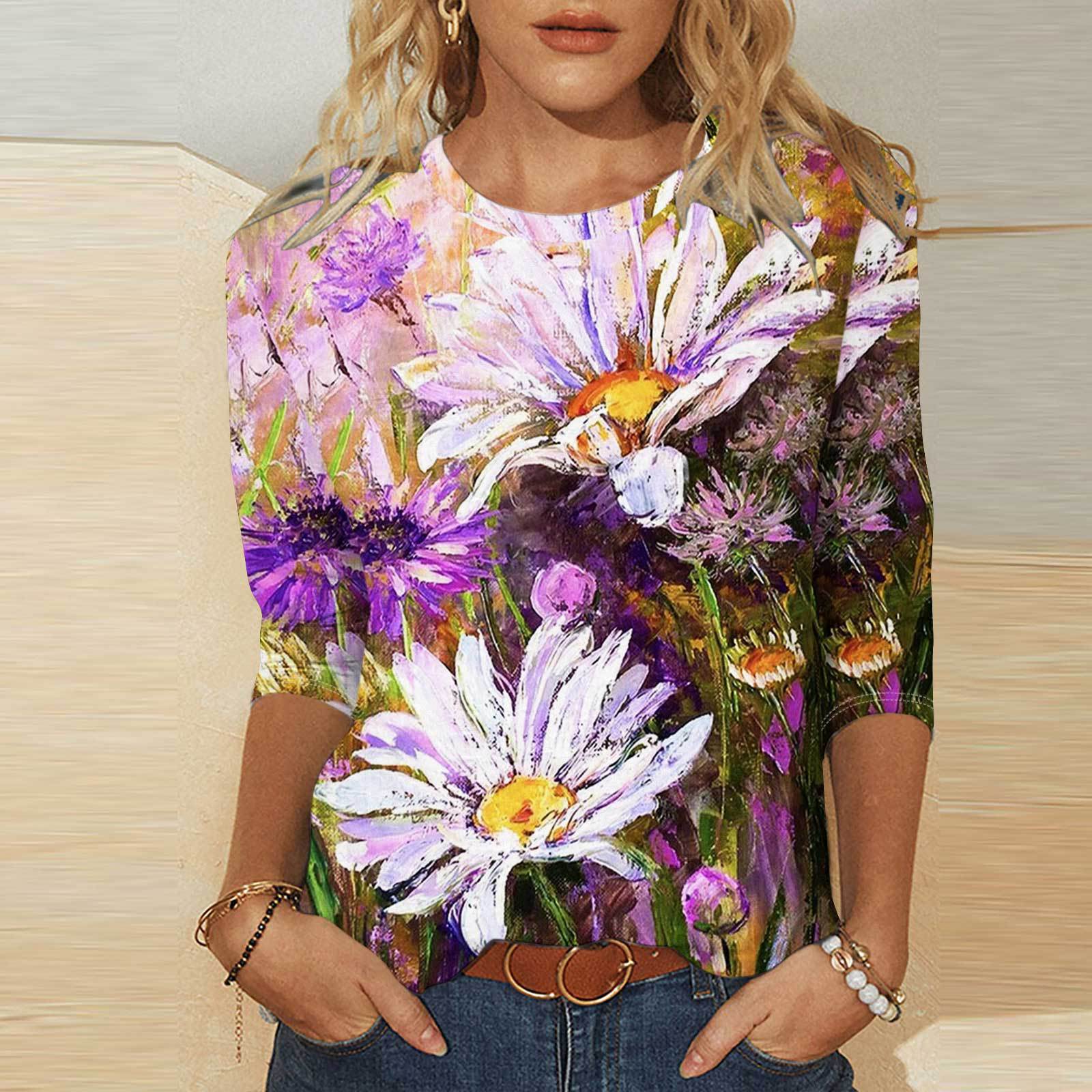 

Круглый вырез с 3D цветочным принтом, модные и повседневные женские футболки с длинными рукавами XL
