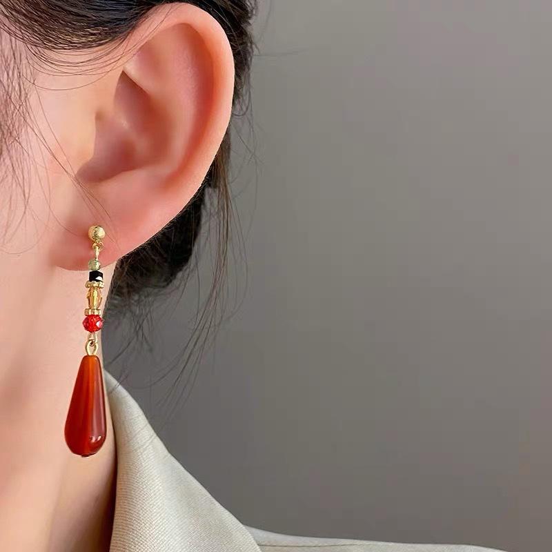 

Китайский стиль ханьфу этнические серьги Красная капля воды кулон ушные клипсы