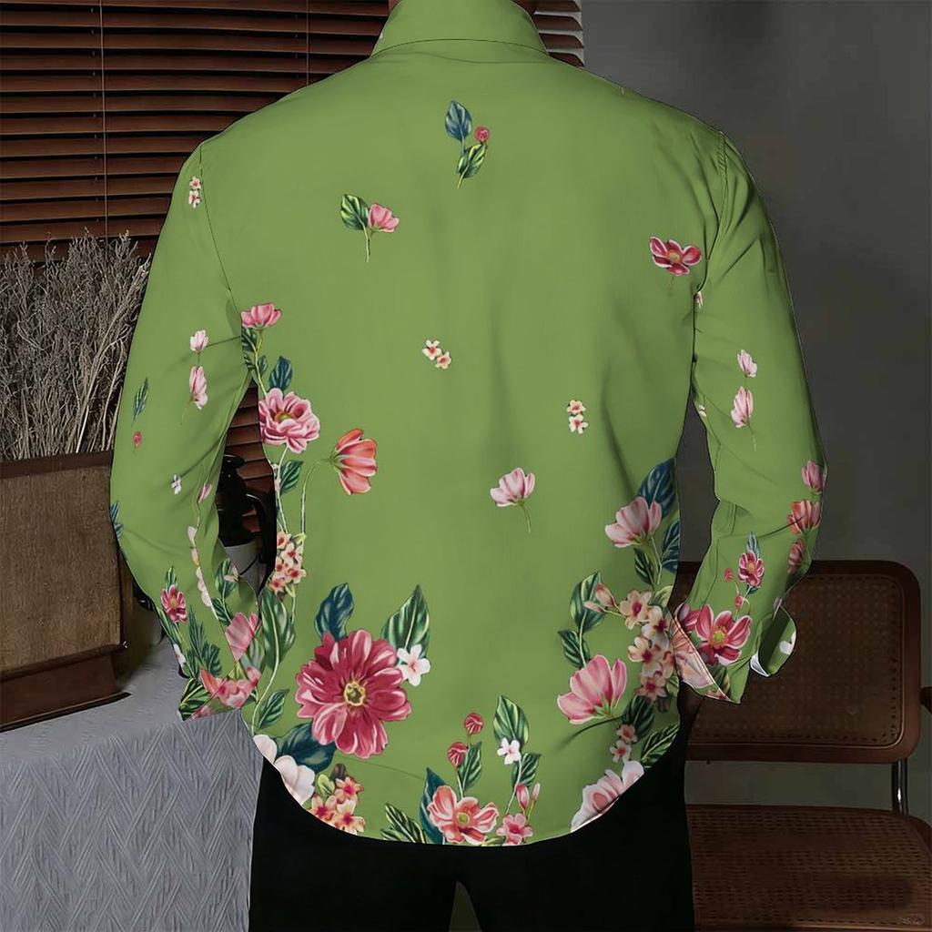 Camisa de Hombre con Cuello Blanco Multicolor Acuarela Hierba Silvestre Estampado Floral Manga Larga Botones Arriba