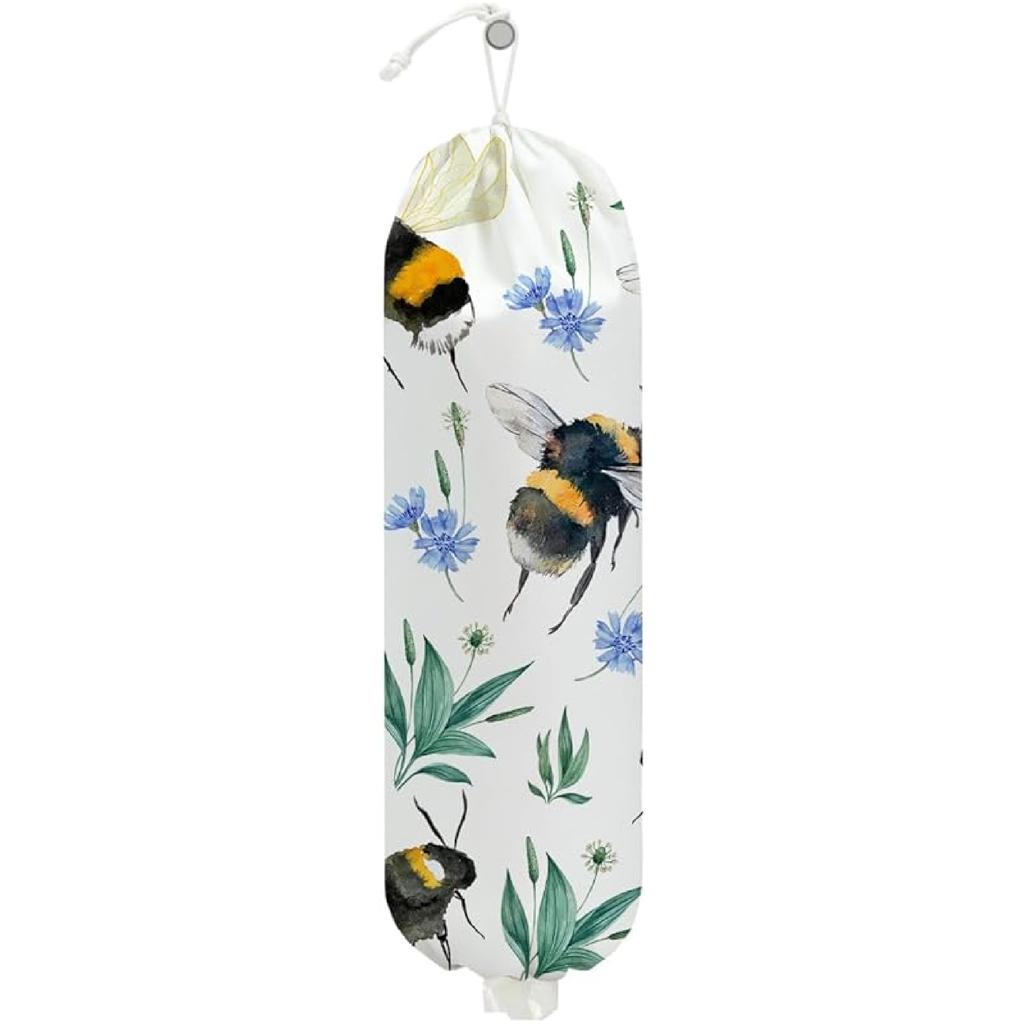 2Pcs Bee Plastic Bag Holder, Wall Mount Grocery Bag Holder for Plastic Bags, Sunflower Reusable Grocery Bags Storage Dispenser for Home Kitchen