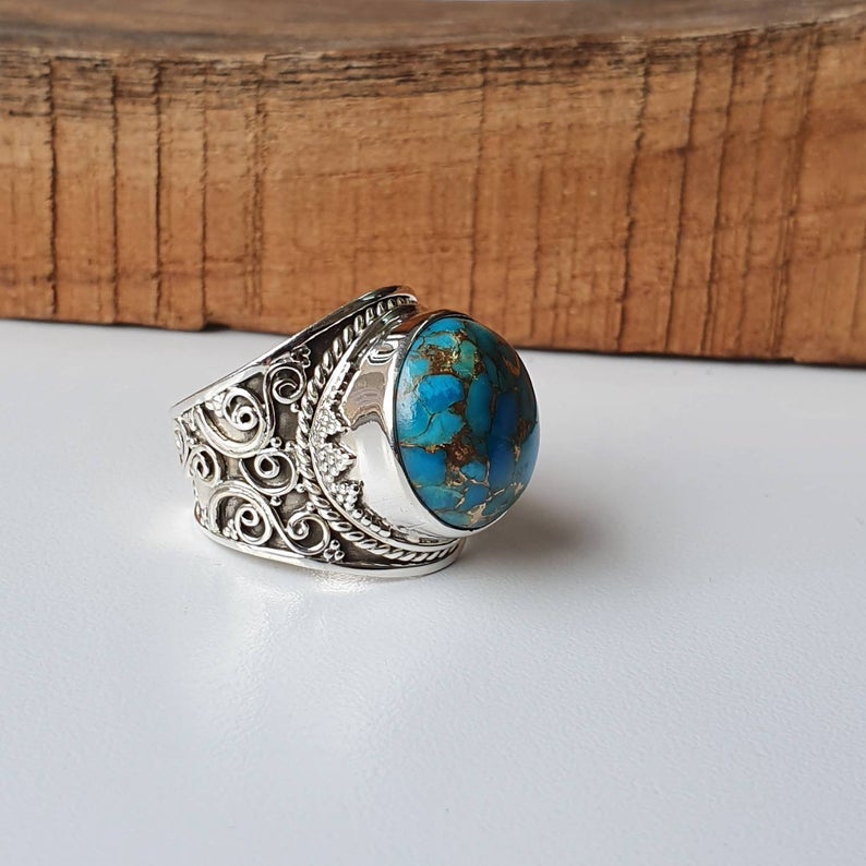 Blauer Kupfer Türkis Stapelring, handgefertigter Schmuck, 925 Sterling Silber Boho Ring, Jubiläumsring, Geschenk für Ihn