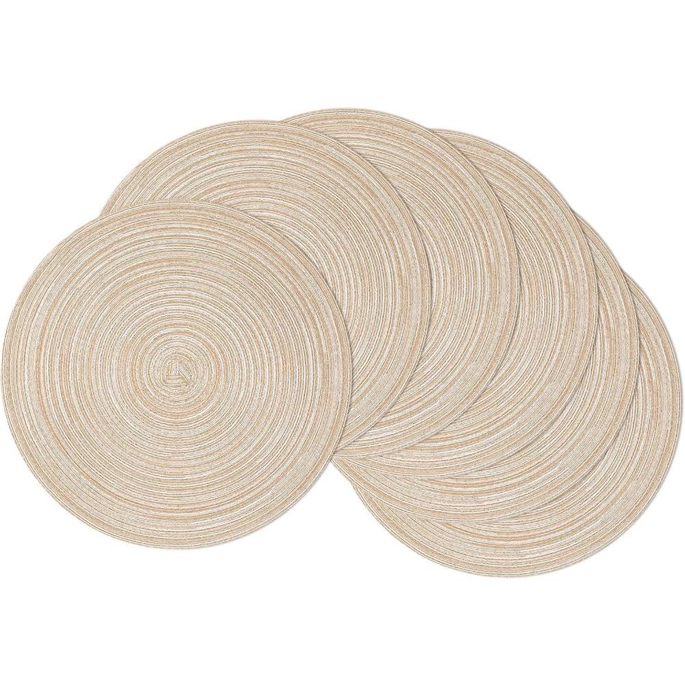 Kulaté prostírání Sada 6 kusů Bavlněný Polyester Pletené prostírání 15 palců Tepelně odolné Omyvatelné Stolní podložky pro Kuchyň Jídelnu Večírek Přírodní Stolní Dekor