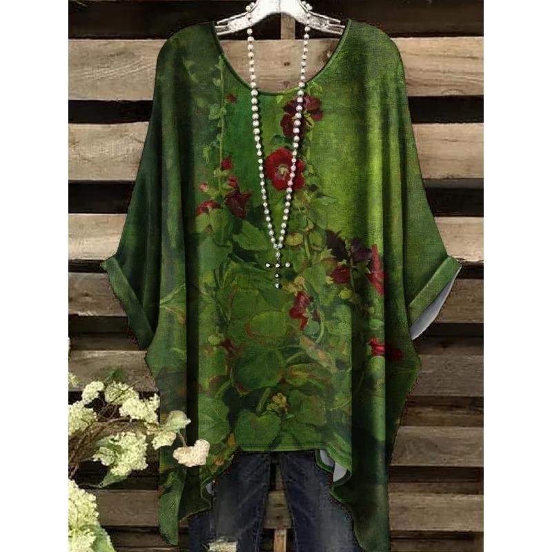 Boho Floralprint Damen T-Shirt Einfaches Vintage Unregelmäßiger Saum Rundhals T-Shirt Modische und Vielseitige Damenbekleidung