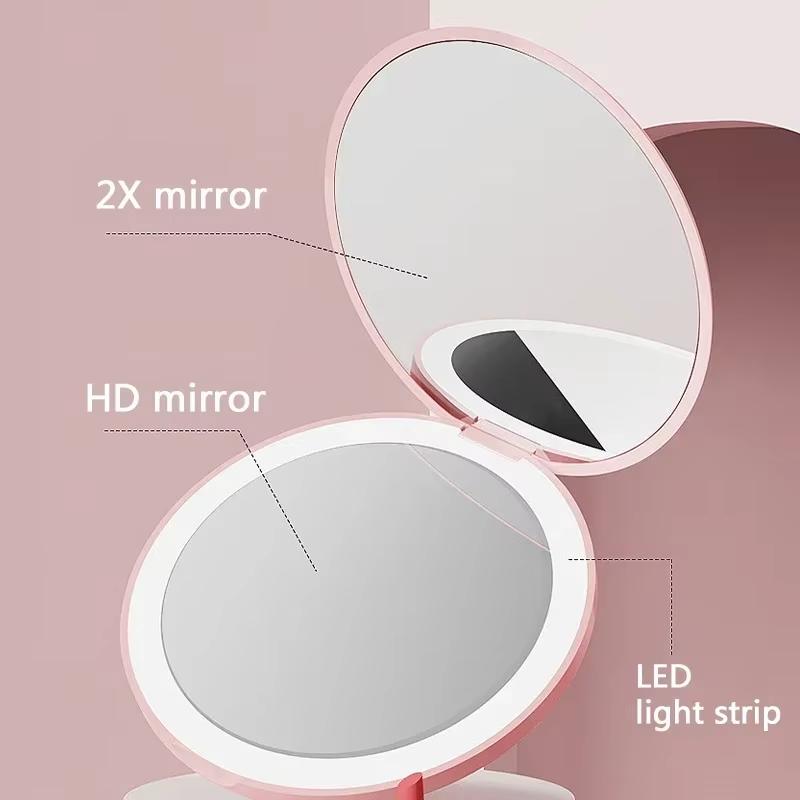 Pocket LED Makeup Mirror Round Portable Folding Small with Light Travel Handheld Cosmetic Compact 2X Magnifying Lighted Mirror