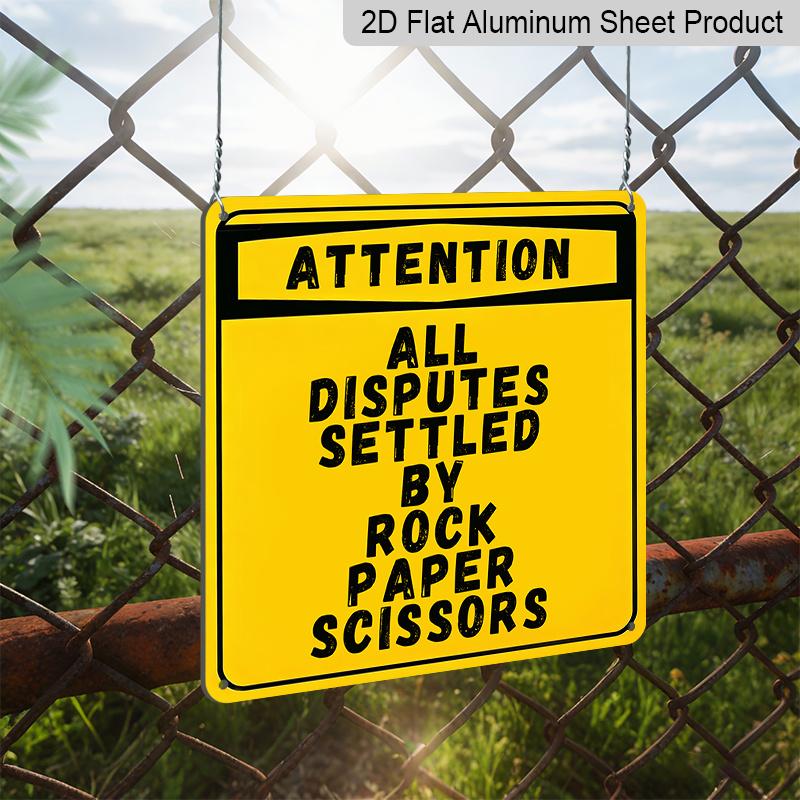 2D Flat 1pc Funny Yellow Warning Metal Aluminum Hanging Plaque, "Attention All Disputes Settled By Rock Paper Scissors" Sign, Aluminum Sign for