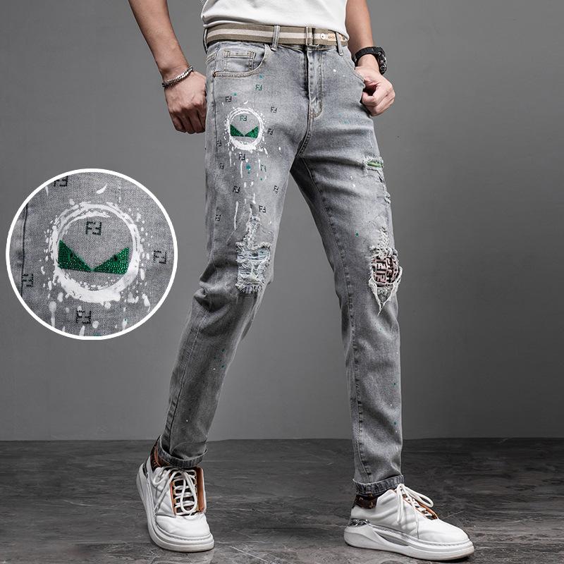 

Весна и осень новые джинсы мужские вышитые прямые облегающие джинсы с кошачьей лапкой модный бренд черные ностальгические эластичные джинсы 36