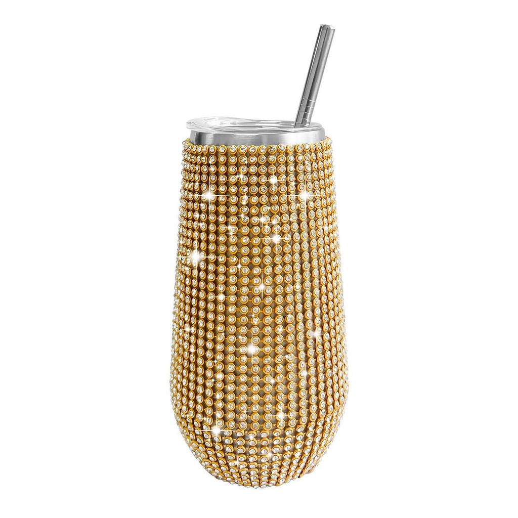 6oz Glänzender Diamant-Becher Bling Strass-Weinglas mit Strohhalm Edelstahl Isoliert Vakuum Champagnerbecher Tasse Eiform