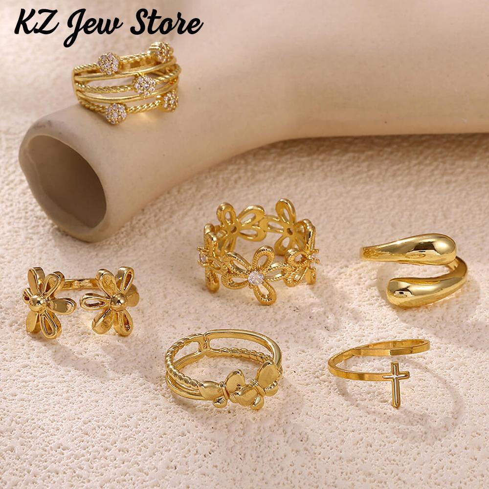Minimalist Corss Hollow Opening Rings For Women Flower Buds Anillos Fashion Ring Gold Color Romantic Jewelry Party Punk Gift