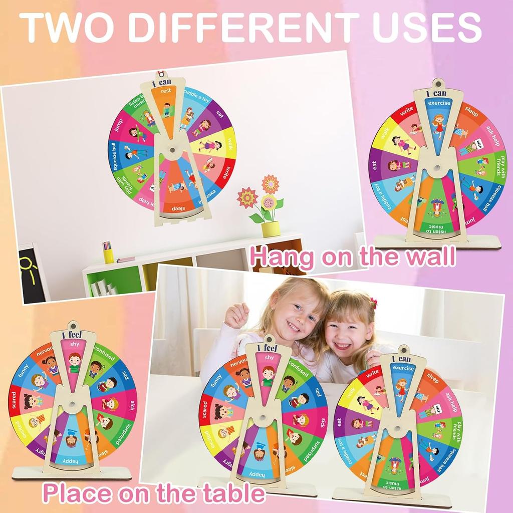 2Pcs Wooden Feelings Wheel Emotion Wheel with Stand 9.5Inch Therapy Office Desk Decor Expression Emotions Chart Mental Health Gifts Therapist Must
