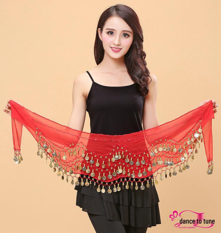 

Пояс-цепочка с 128 шифоновыми монетами для танца живота, йоги или индийского танцевального выступления красный