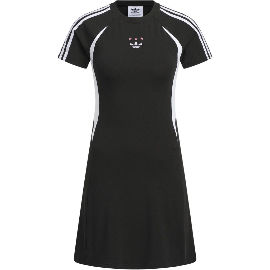 Adidas Originály Ss24 Žerzejové šaty s krátkým rukávem Pruhovaný barevný blok Sportovní Slim střih Dámské šaty Černé JD1135
