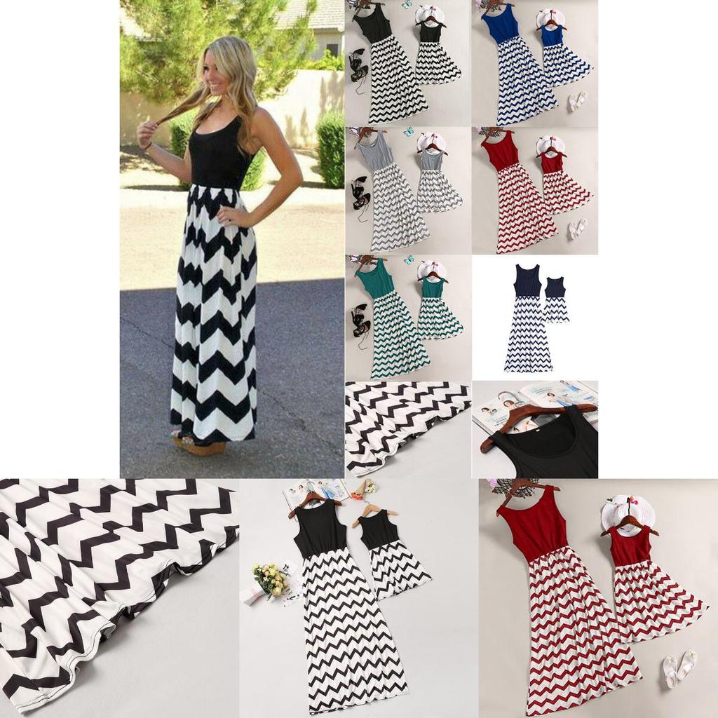 Elegancki Zestaw Dopasowanych Sukienek Maxi w Paski Boho Casual dla Mamy i Córki
