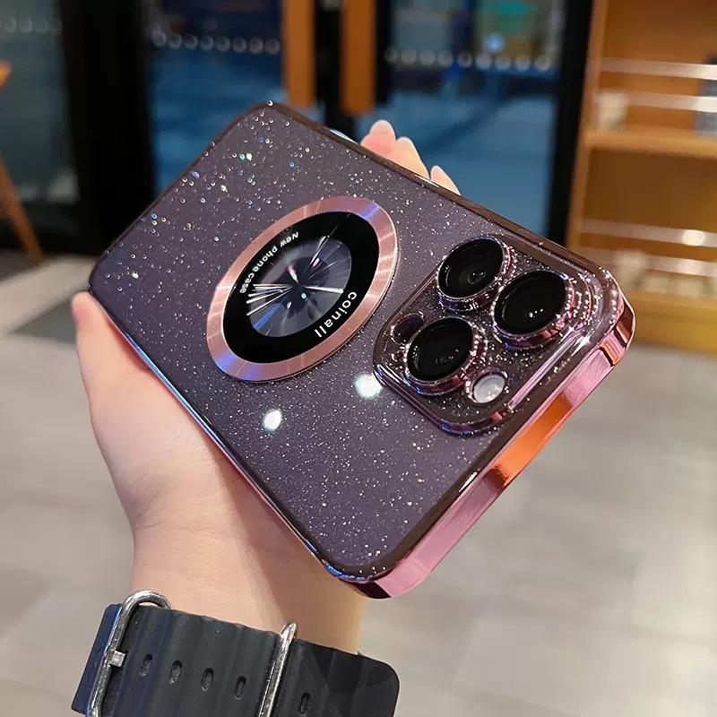 

Подходит для iPhone16 Гальванизированный Блестящий Магнитный Чехол для Телефона, Apple 15 Без Маркировки 14ProMax Прозрачный Защитный Чехол из ПК iPhone16 розовый