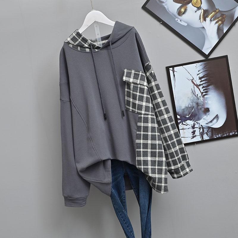 Plus Size Women's Hooded Sweater 2025 Autumn New Korean Loose Splicing Plaid Top