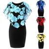 Sexy Women High Waist Slim Dress Sleeveless Rose Printing Hip Skirt with Transparent Shawl Package