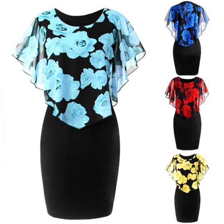 

Sexy Women High Waist Slim Dress Sleeveless Rose Printing Hip Skirt with Transparent Shawl Package XXXXXL Яскраво-рожевий