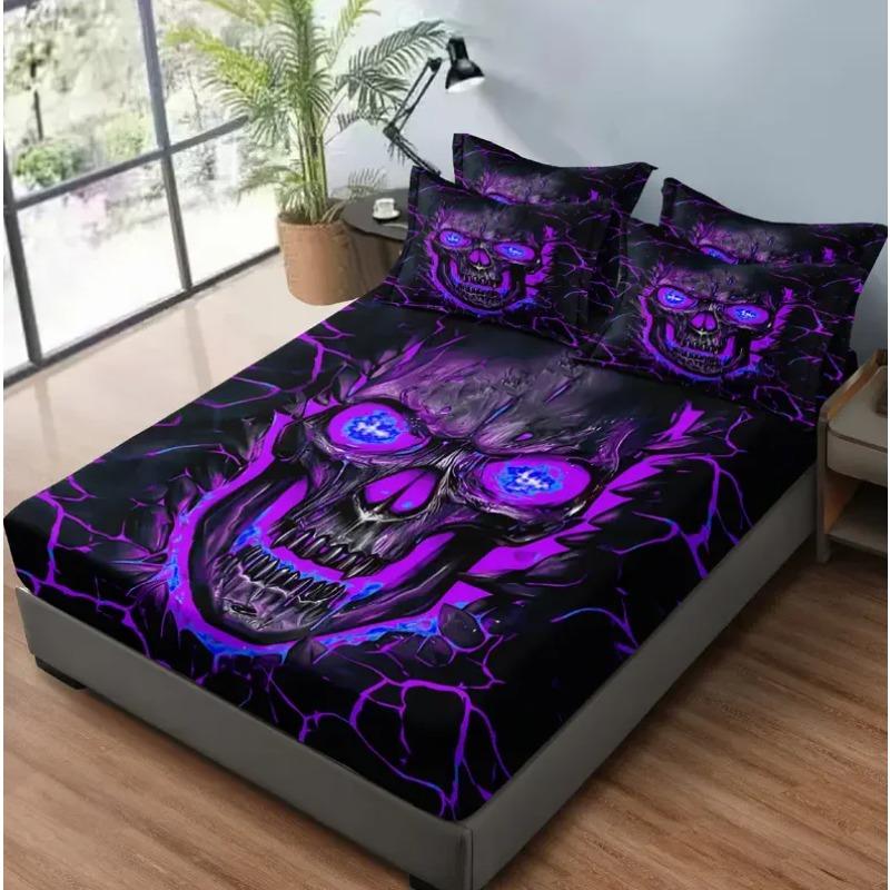 3pcs Purple Light Skull Pattern Fitted Sheet Set-Soft And Comfortable Bedding Cover Set For Bedroom, Guest Room And Dorm Decor