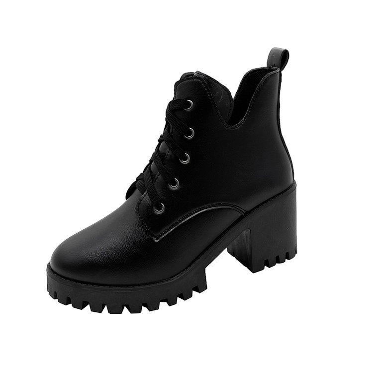 

Large size Martin boots women s 2025 autumn and winter new fashion V-mouth thick heel short boots lace-up round head high heel boots 43 чёрный