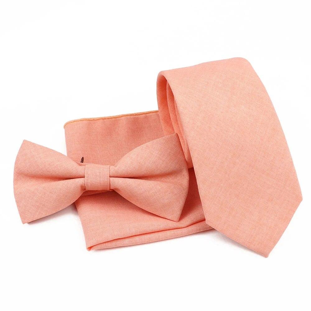 Men Fashion Solid Color Cotton Tie Bowtie Handkerchief Set Wedding Party Butterfly Necktie