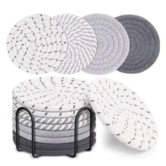 Yousheng 8Pcs Cotton Woven Coasters for Drinks, Absorbent Coasters Set with Holder, Wear-Resistant Insulating Heat-Resistant Coasters for Cups Teapots