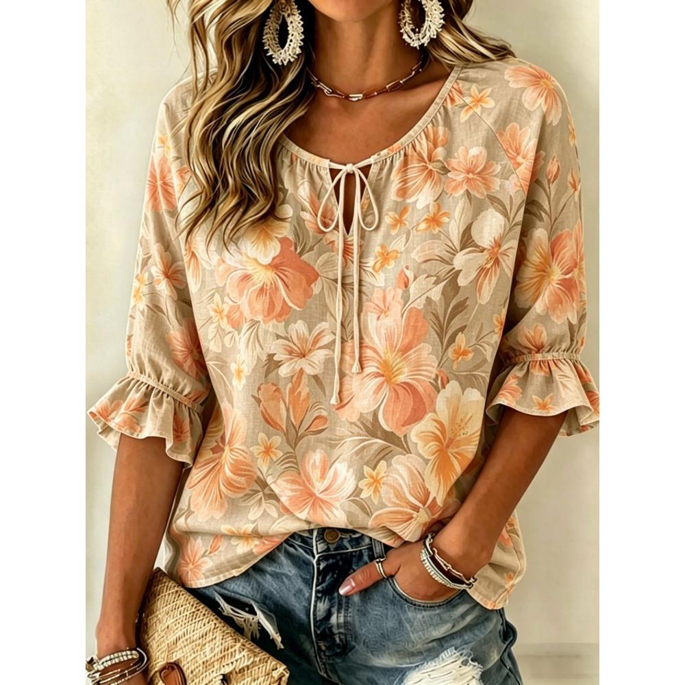 Women's Beige Multicolor Floral Print Tie Neck Blouse, Casual Loose Tops for Spring Summer Daily Wear & Vacation Occasions