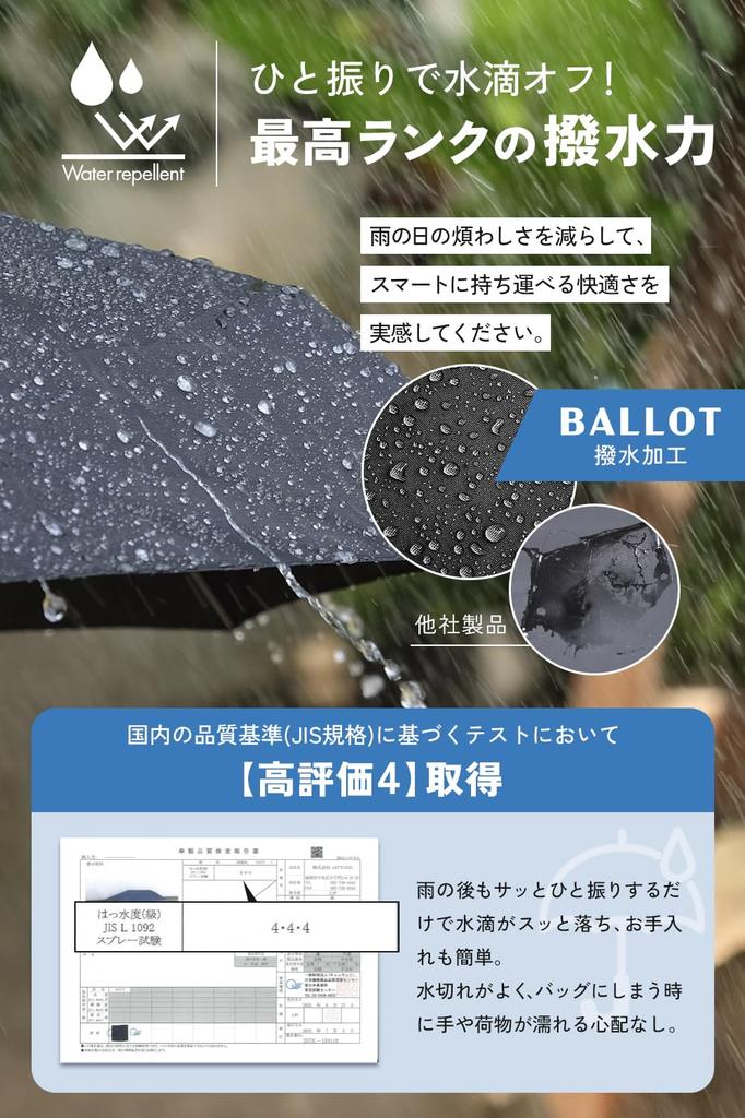 BALLOT Folding Umbrella Memory Automatic with Addictive Black [Shape & Ultra-Lightweight 210g] Open/Close One-Touch Operation, Water-Repellent,