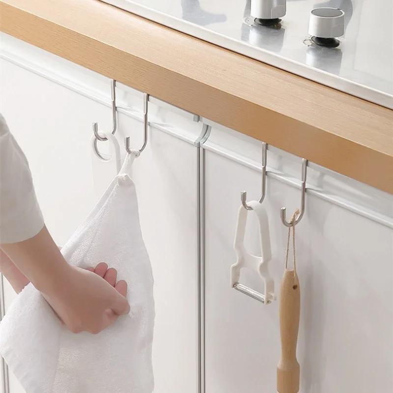 201 Stainless Steel Hook Free Punching Double S-Shape Hook Kitchen Bathroom Cabinet Door Back Type Coat Towel Storage Hanger