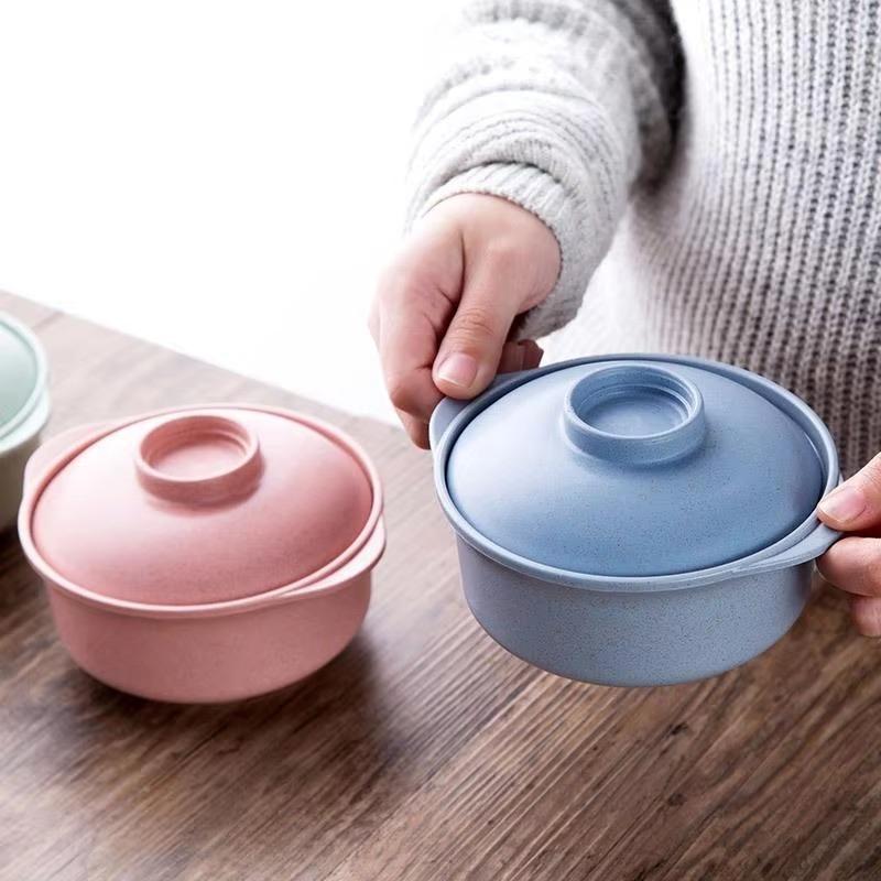 Tavă de prânz cu culoare solidă, vase, bol de supă cu capac, veselă, paie de grâu natural pur, boluri creative pentru salată, ustensile de bucătărie pentru casă