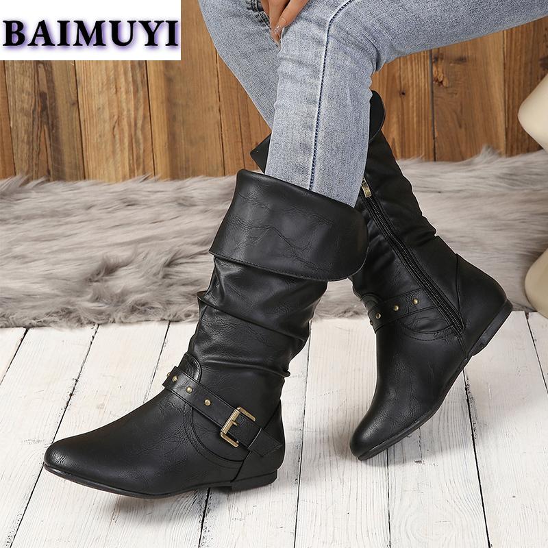 Pantofi Plați Femei Cizme Peste Genunchi Pantofi de Modă Tendință 2025 Iarnă Noi Piele Pliată Cizme Chelsea Fermoar Casual Mers Mujer Botas