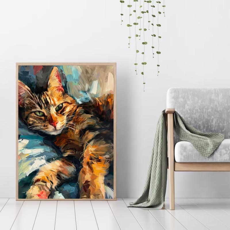 Cute White Cat Dogs Golden Retriever Bulldog Oil Painting Canvas Print Nordic Poster Wall Picture Kids Room Home Decor Cuadros