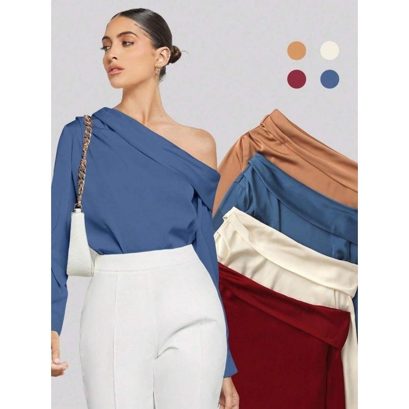 Women's Spring Fashion New Off The Shoulder Asymmetrical Long Sleeved Top