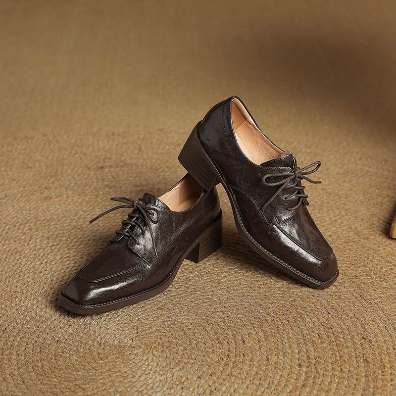 Krazing Pot Sheepskin Autumn Winter Shoes Lace Up Med Heels Size 42 Square Toe Brown Color Pumps