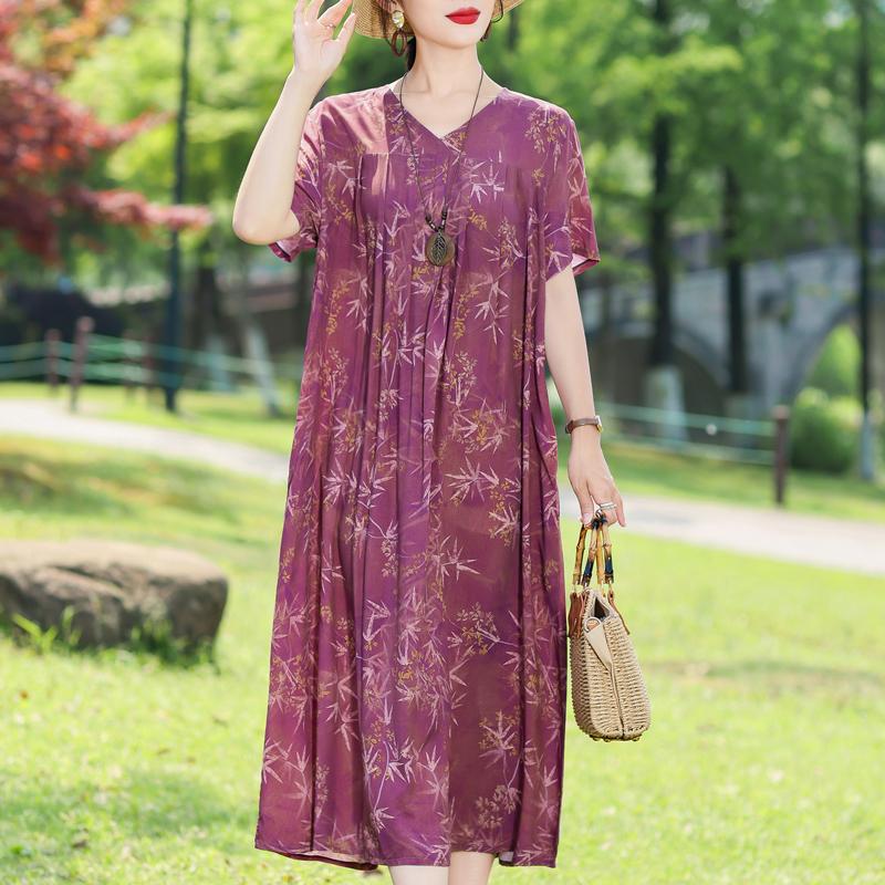 Elegant Women's Summer Dress Plus Size Short Sleeve Casual Loose Long Dresses Vintage Clothes