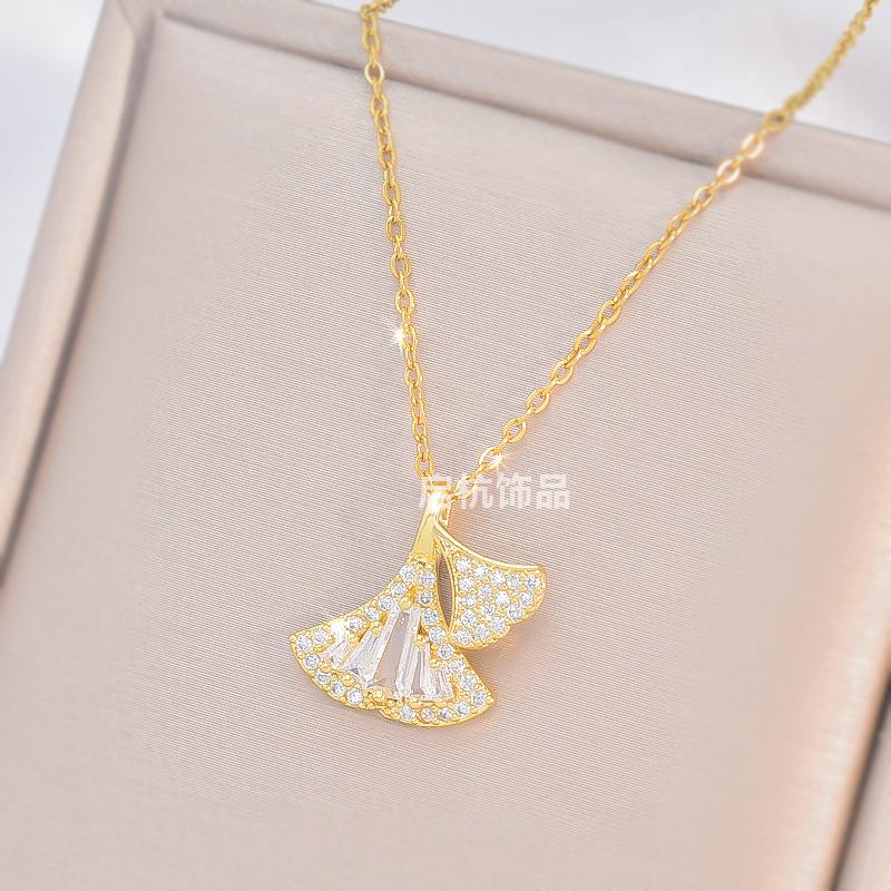 Full Diamond Ginkgo Leaf Necklace Women'S Premium Temperament Versatile Zircon Pendant Delicate Necklace