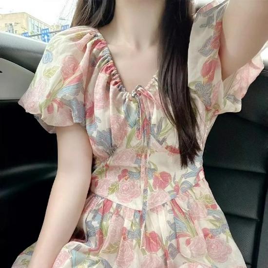 

Платье миди с французским цветочным принтом и пышными рукавами большого размера - Летний стройнящий и элегантный стиль 2XL