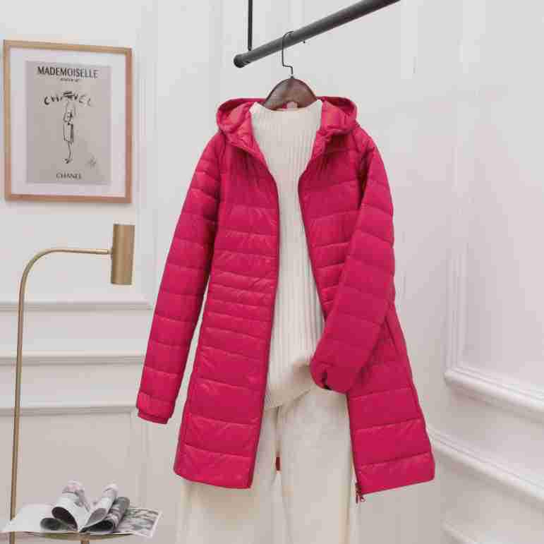 Women's Mid-Length Hooded Lightweight Down Jacket - Slimming Thin Plus Size Coat for Autumn/Winter 2023
