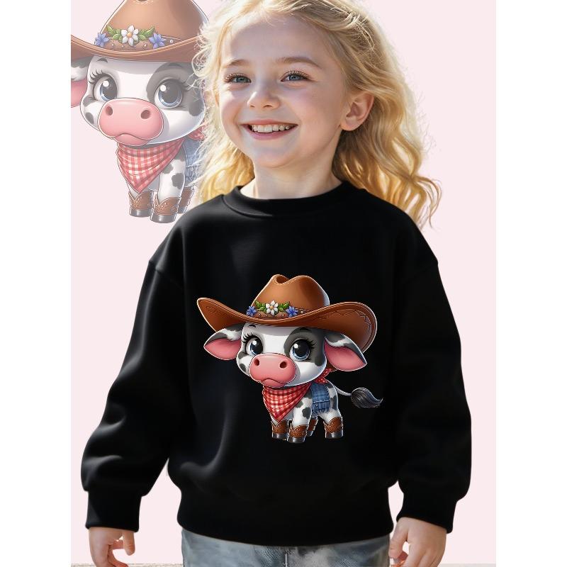 Western Cow Charm: an Adorable Cartoon Design Long Sleeve Crewneck Sweatshirt - Comfortable Casual Pullover Top