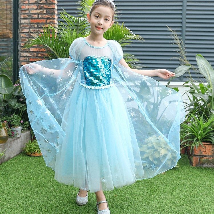 Girls Elsa Princess Dress Summer Short Sleeve Tutu Dress Frozen Cape Skirt