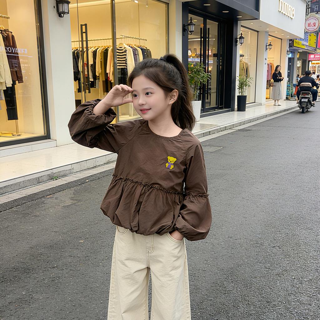 Girl's flower bud sleeve shirt for spring and autumn, loose round neck top for adults