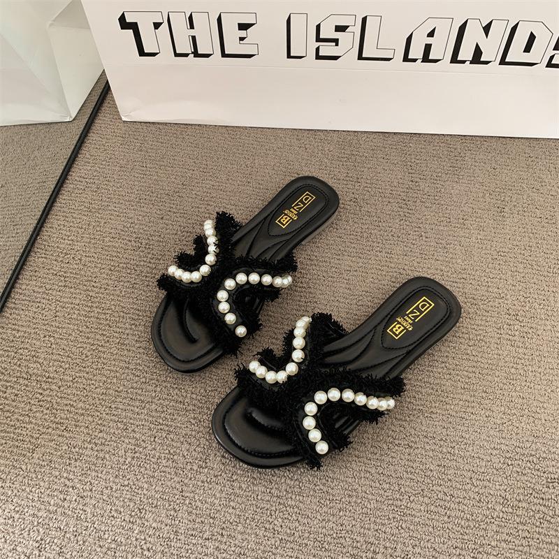 Cool Slippers Women's Outer Wear Design Small Fragrant Wind Pearl Seaside Beach 2025 New Summer One-word Drag Niche