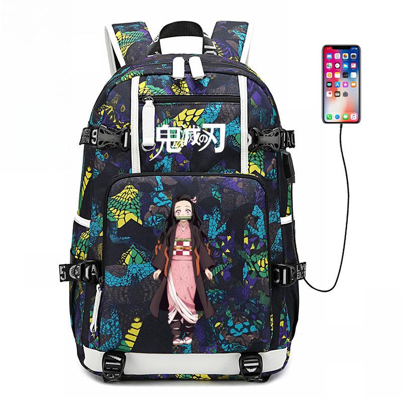Japon dessin animé bande dessinée Demon Slayer Sac à dos élégant avec interface USB et grande capacité 0005