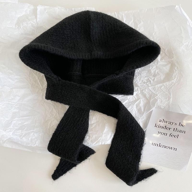 Korean Hood Scarf Balaclava Hat Ear Protection Warm Bomber Hats Women Retro Strap Bow Beanies Winter Accessories Knitted Law Hat