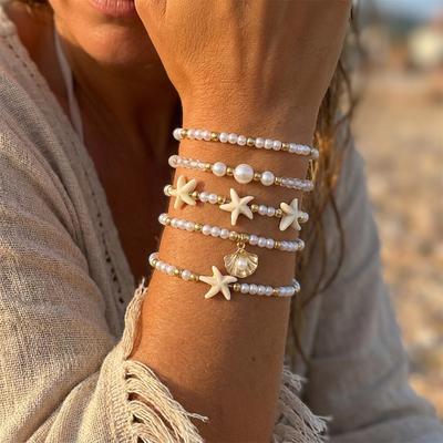 Multilayer Shell Imitation Pearl Elastic Bracelets Set for Women Elegant Starfish Stackable Woven Chain Party Jewelry Gift