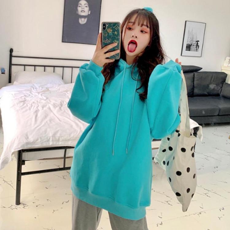 Winter Japanese Style Women Anime Hoodies Warm Fashion Loose Mid Length Thickened Velvet Long Sleeved Sweater Hooded Sweatshirt