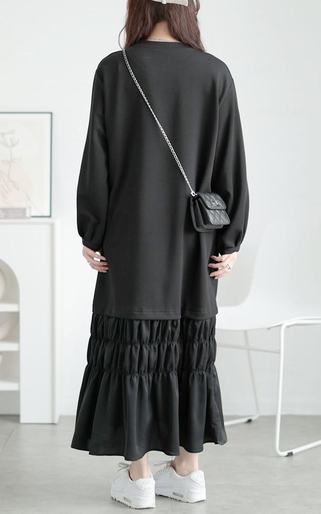 Gold Japan Plus Size Tiered Long Maxi Long Loose Size Black Women's Dress, Hem, Dress, A-Line, Sleeves, Fit, Winter, Autumn, Spring, Goldy-1639, 3L,