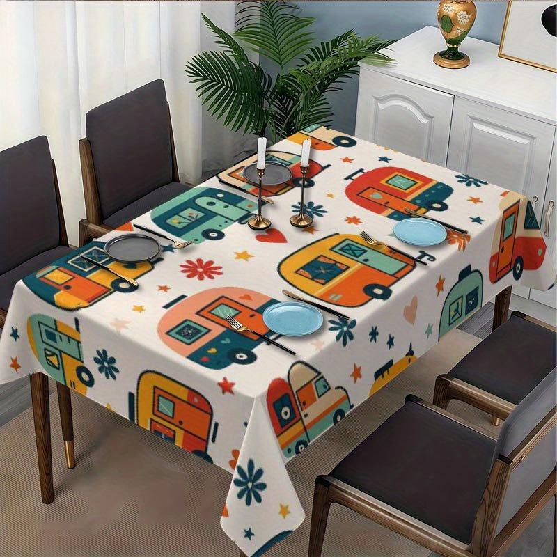 Camper Pattern Tablecloth for Table Waterproof Rectangle Reusable Color Ful Cartoon Table Cover for Holidays Indoor Outdoor