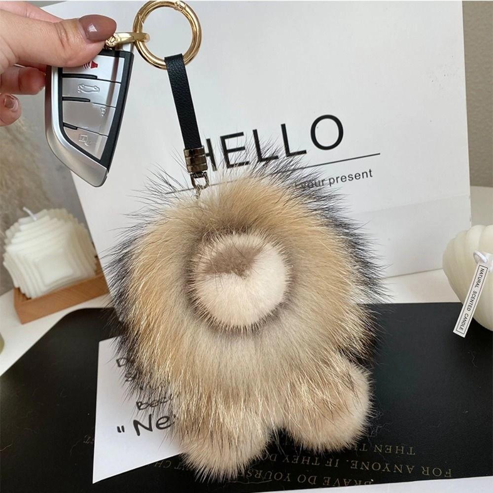 Mink Fur Lion Plush Pendant Long Mane Cute Animal Keychain Kawaii Plush Lion Keychain  Children