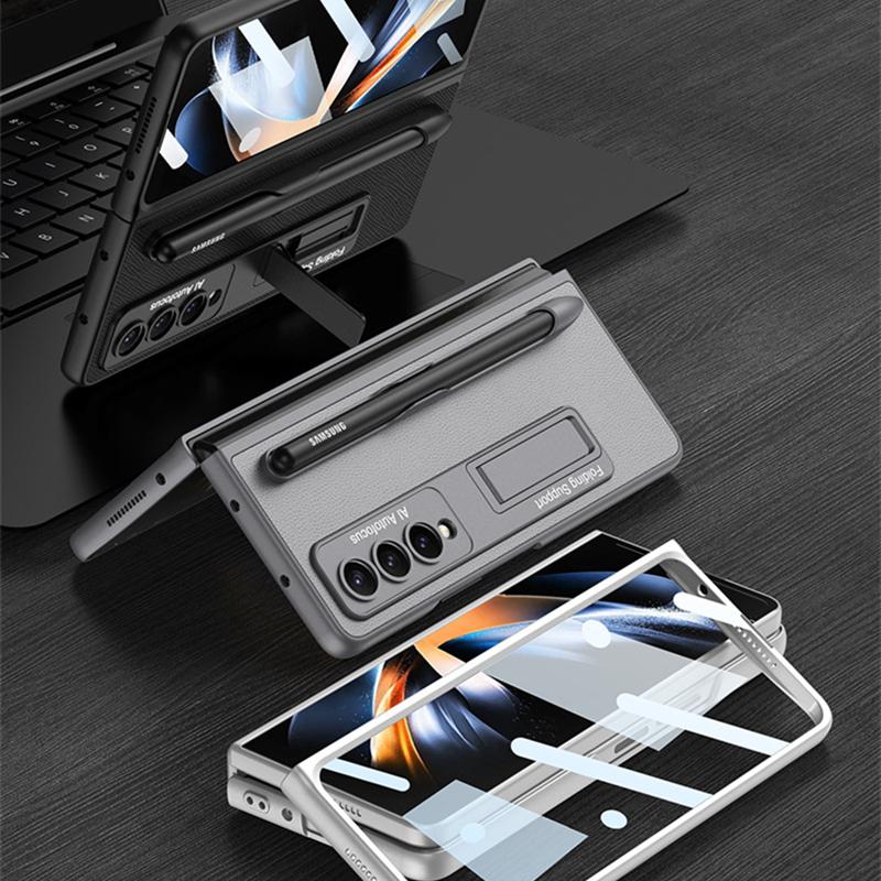 Bracket Leather Pen Slot Cover For Samsung Galaxy Z Fold 4 Case Hard Full Protection Cover With Front Film (No Pen )