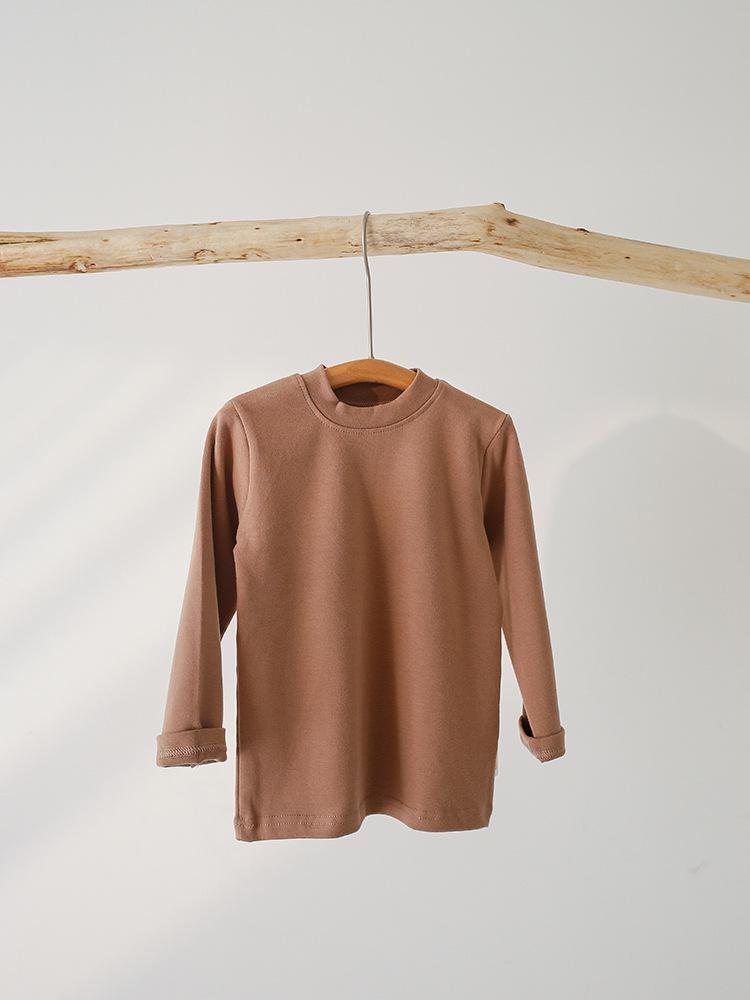 Kids' 2025 Unisex Long Sleeve Stand-up Collar Base Layer T-Shirt - Spring/Autumn Style, Cotton, Solid Color