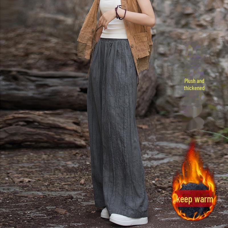 Women's Tie-Dye Cotton & Linen Wide-Leg Trousers with Velvet & Thickened Ramie